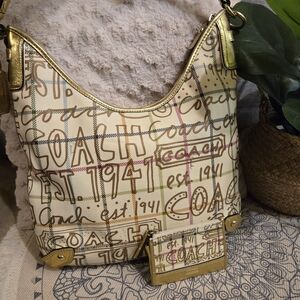 Coach Cream Signature Script Hobo with Gold Trim and Multicolor Plaid